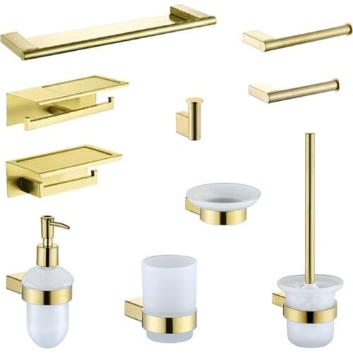 Brushed Gold Bathroom Accessories Set 304 Stainless Steel Paper Holder Toilet Brush Holder Storage Shelf Towel Bar Hanger Hook