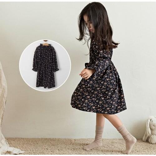 Korean Style Girls Dress Floral Printed Cotton Children Dress Long Sleeve Kids Dresses for Girls Clothing RT316