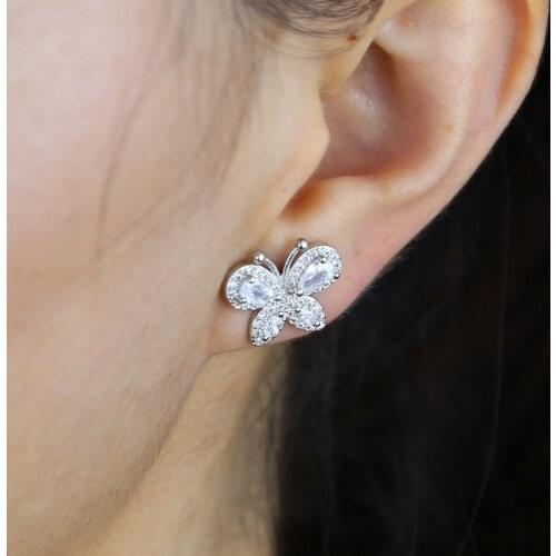 Drop ship women wedding earring with white blue cz paved animals butterfly charm stud earring for engagement birthday jewelry