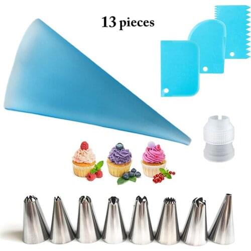 13pcs/set Silicone Pastry Bag Tips Kitchen DIY 8 Icing Piping Nozzle + Cream Reusable Cake Decorating Tools Pastry Bags
