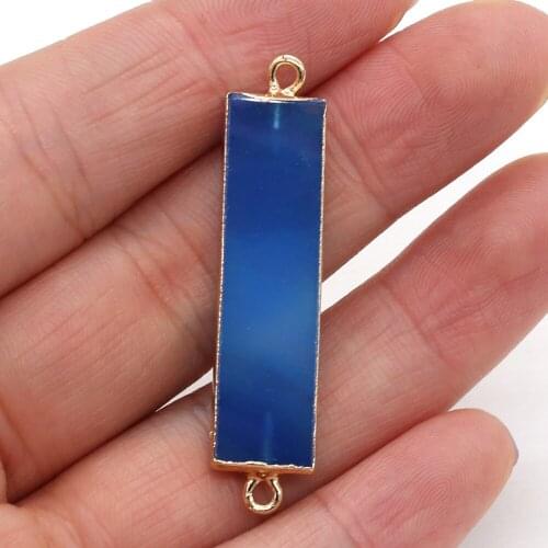 Natural Stone Blue Agate Connector 9x38mm Rectangular Double Hole Pendant Charm for Ms Jewelry Making DIY Necklace Accessories
