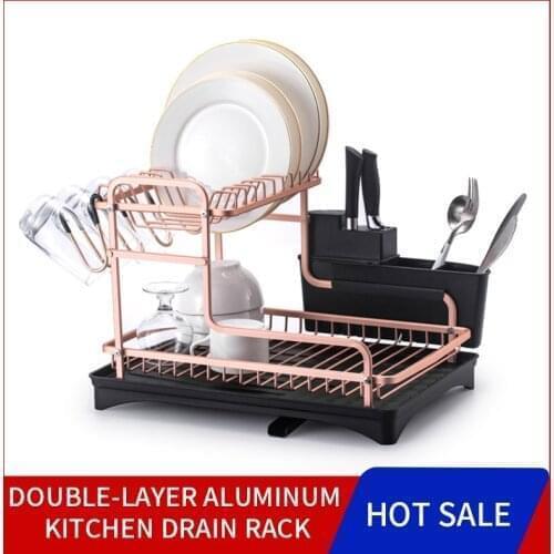 High Quality Dish Drainer 2-Tier Aluminum Alloy Dish Drying Rack Kitchen Accessories Easy Storage Save Space Tableware Dry Shelf