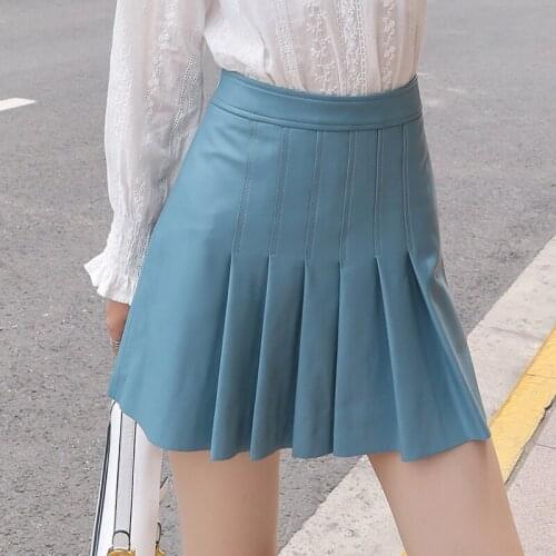 Winter Women New 100% Real Leather Mini Skirt Ladies Sexy Blue/Green/Black Pleated Skirt Slim Hip Bust Faldas Mujer