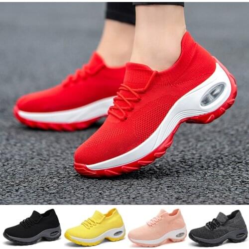 Women Tennis Shoes Air Cushion Red Sports Shoes High Heels Mesh Lace-up Female Sock Footwear Outdoor Thick Bottom Women Sneakers