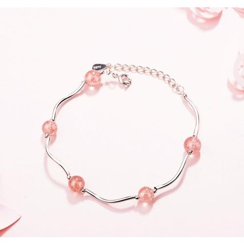Korean Sweet Strawberry Pink Crystal Bracelets for Women Girls Elegant Jewelry Gift Female 925 Sterling Silver Accessories SB127