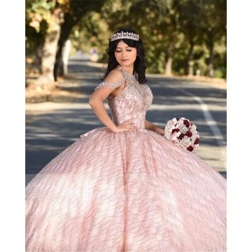 Rose Pink Shinny Sequined Ball Gown Quinceanera Dresses Beading Sweet 16 Dress Off the Shoulder vestidos de 15 años 2021