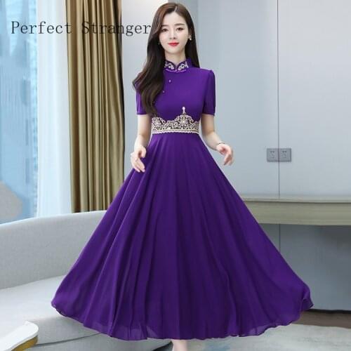 Cheongsam Style High Quality 2021 Summer Dress For Women Mandarin Collar Short Sleeve Women Chiffon Long Dress