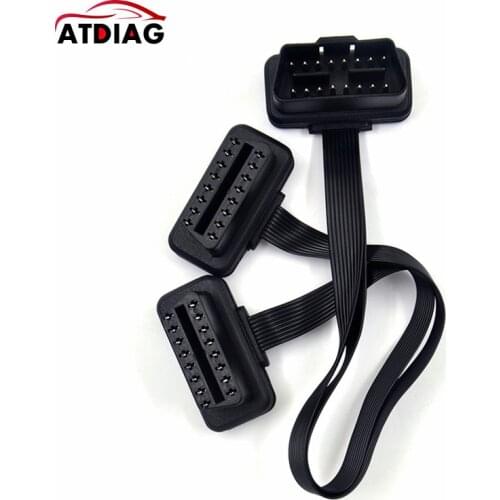 1pcs/lot Flat+Thin As Noodle OBDII OBD 2 OBD2 16 Pin ELM327 Male To Dual Female Y Splitter Elbow Extension Connector Cable