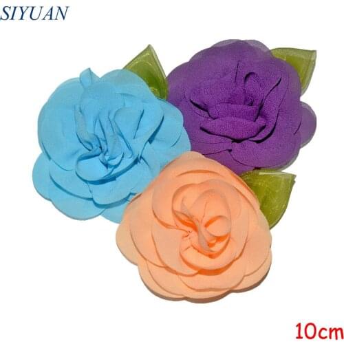 30pcs/lot 10cm Chiffon Flower with Green Leaf Girl Fashion Flower Hair Clip Chic Headwear Accessories TH255
