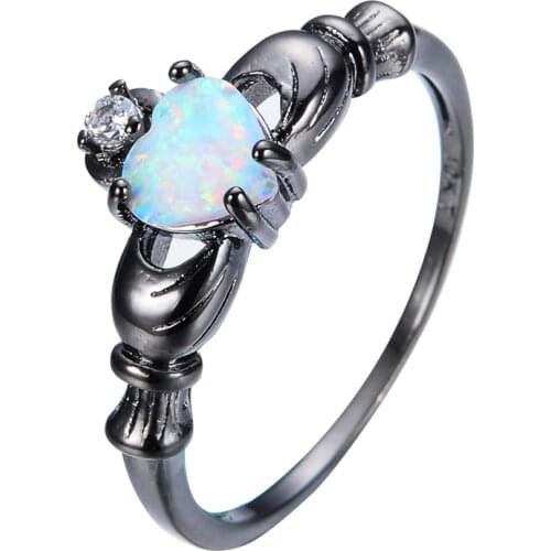 Elegant Heart Cut Rainbow Opal Claddagh Ring Fashion White CZ Wedding Jewelry Black Gold Filled Engagement Promise Rings RB0565