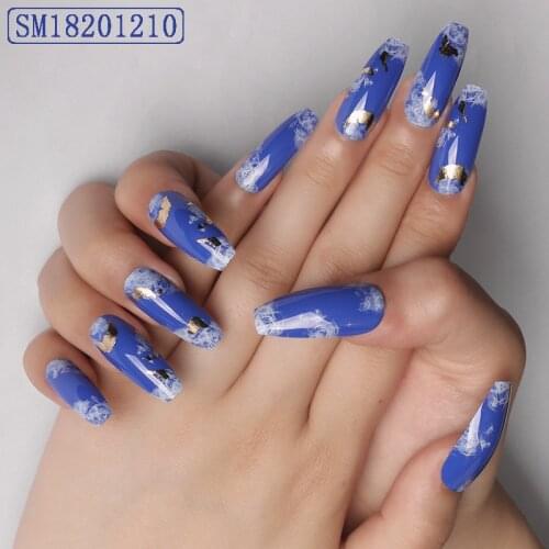 European Printing Fake Nails Long Blue Sky and White Clouds Design Wear Nail Stickers Finished Press On Finger Nail Tips