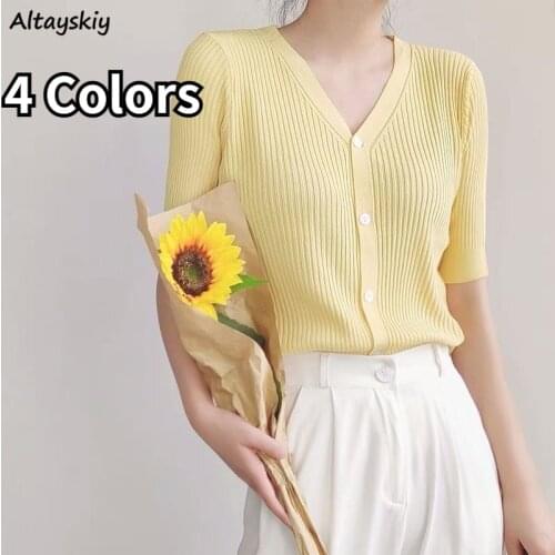 T-shirts Women Knitting Solid Tender Ladies Elegant Female Tee Vintage Tops Ulzzang Chic Trendy Students Slim V-neck Clothing