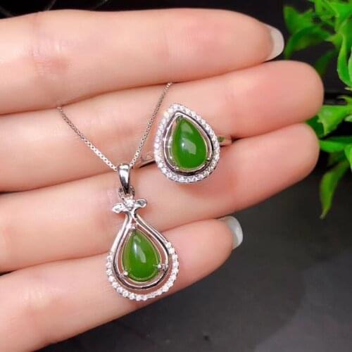 Water drop style classic green chalcedony ring and necklace jewelry set natural gem official certificate real 925 silver gift