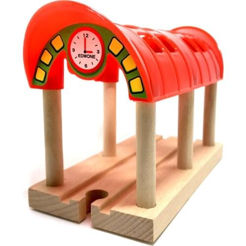 Red clock long railway platform track accessories childrens train transport Assemble toys compatible with train wooden tracks