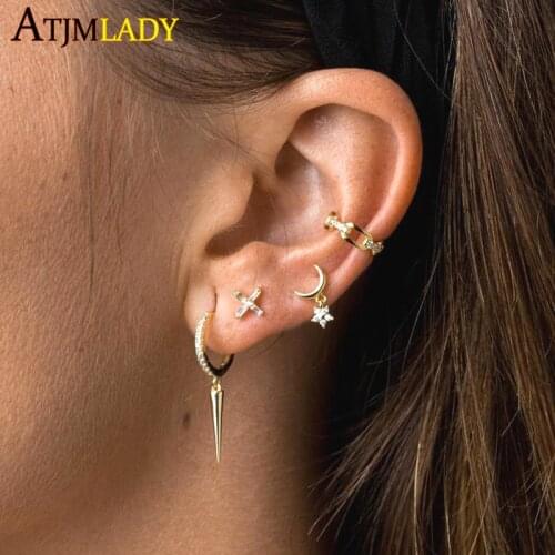 Minimal minimalist 925 sterling silver jewelry tiny small baguette cz cross shaped cute lovely women girls stud earring 925