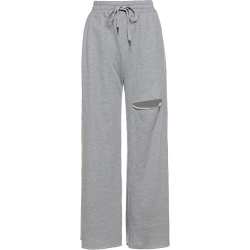 Fashio Nable Loose Wild Trousers Ladies Gray Ripped Casual Pants Harajuku Summer Womens Sports Pants High Waist Wide Leg Pants