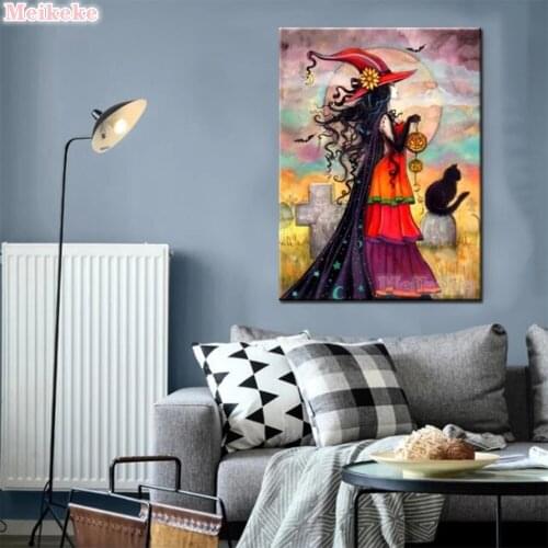 Witch Rhinestone Mosaic Full Round Square Diamond Embroidered 5D Halloween DIY Cat Exquisite Cartoon Home Decoration Gift
