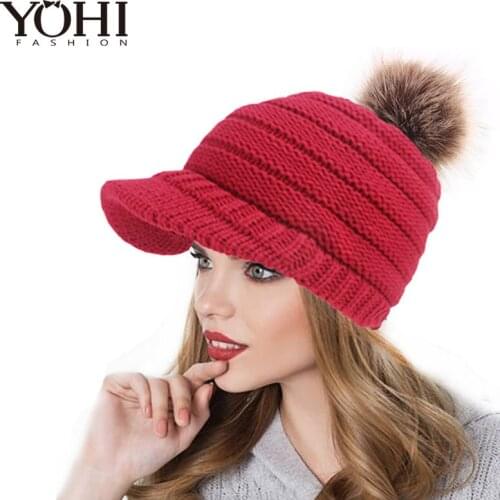 2018 New winter women visor knit for Ladies Skullies Beanies Knitted Warm Bone Ski Cap Women Solid Color Crochet Hat