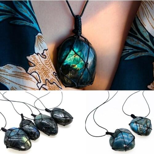 Labradorite Necklace Natural Stone Pendant Wrap Braid Necklace Yoga Macrame Necklace For Men Women Energy Necklace