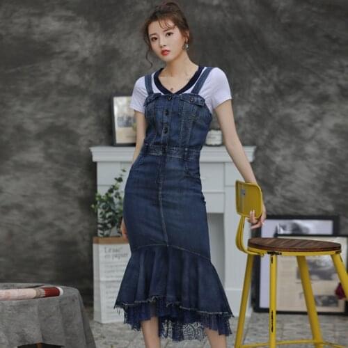 Dress 2020 chun xia fishtail restoring ancient ways of cultivate morality splicing condole cowboy dress is 82201