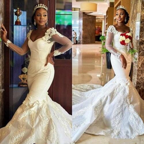 African Mermaid Plus Size Wedding Dresses V Neck Bridal Dress Long Sleeves Vintage Sexy Court Train Wedding Gowns