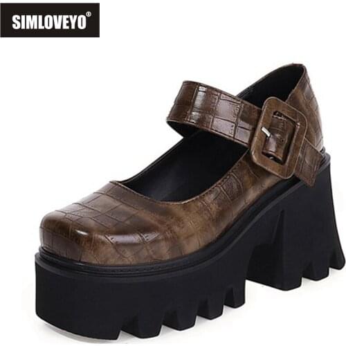 SIMLOVEYO 2021 Fashion Pumps High Thick Heel Sole 8cm Platforms Belt Buckle Cross Strap Square Toe Punk Size 35-44 Brown A4158