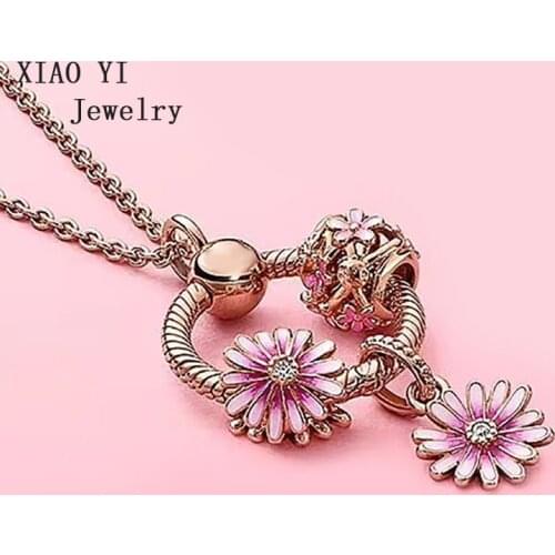 XIAOYI jewelry 2020 new s 925 11 spring pink girl heart piercing Daisy series letter O pendant necklace romantic suitable lady