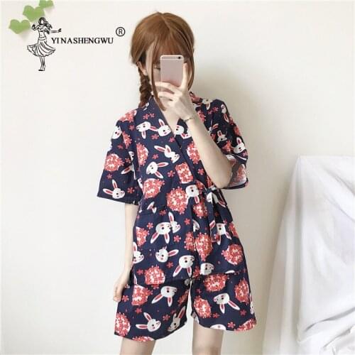 Japanese Kimono Sakura Rabbit Kimono Women Short Pajamas Sets Asia Japan Yukata Cotton Shorts Bathrobes Short Sleeves Homewear