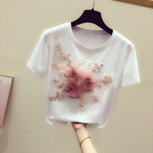 2020 summer new flower embroidery women t-shirts o-neck short-sleeved sweet lady elegant pulls tops tees top quality