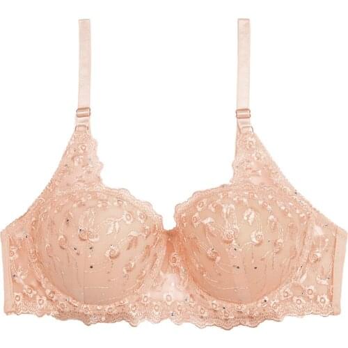 Women Sexy Embroidery Sequins Lace Trim 3/4 Cup Push Up Underwire Breathable Bra