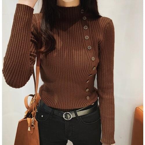 Pull Femme Korean Woman Clothes 2020 Autumn Winter Half Turtleneck Button Solid Sweaters Womens Slim Knitted Pullovers Sweater