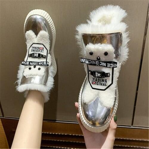 New Winter Leather Fashion Chunky Platform Ankle Botas Female Thick Sole Slip On Flats Warm Snow Boots Woman Cotton Shoes Silver