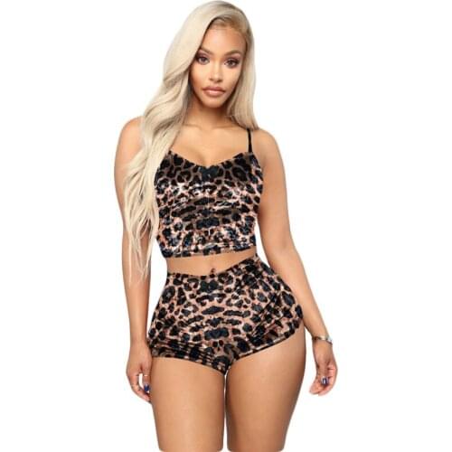 Women Sexy Leopard Print Velvet Two Piece Set Spaghetti Straps Crop Top Shorts Female Tracksuit Pijama Mujer Plus Size XS-XXL