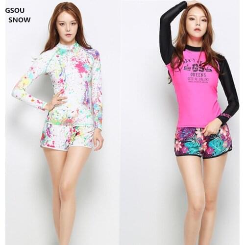 Gsou snow summer Women two parts wetsuit bathing suit Beachwear diving surfing clothing quick-drying sunscreen with long sleeves