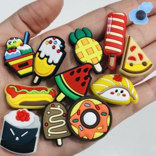 1Pcs Hot Dog Sushi Fruit Cake Pizza Food Donut Garden Shoe Charms Accessories Decoration Diy Wristbands Shoes Kid Gift