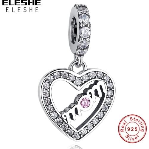 100% 925 Sterling Silver Mom Heart Pendant Charm fit Charm Bracelet With Clear CZ Jewelry Mothers Day Gift