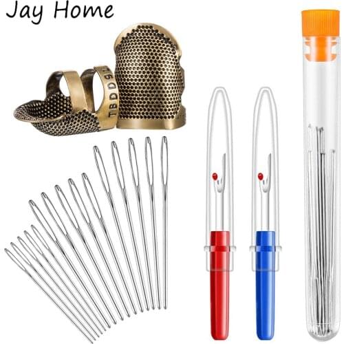 19Pcs Sewing Tool Kit Adjustable Copper Sewing Thimble Finger Protector with Seam Stitch Rippers Large-Eye Yarn Knitting Needles
