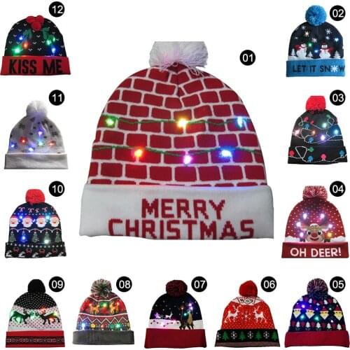 19Type LED Christmas Hat Sweater Knitted Beanie Christmas Light Up Knitted Hat Gift For Kid Adult For Christmas Party Warmer Cap