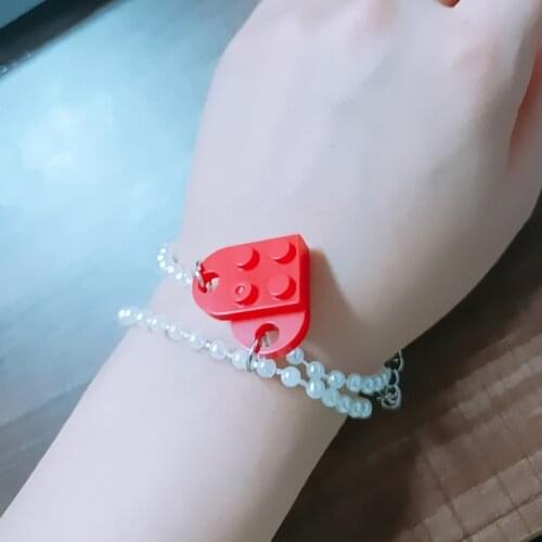 2PCS Building Block Brick Love Heart Bracelets for Women Girl Best Friends Lego Elements Jewelry Gift Plastic Pearl Bangles