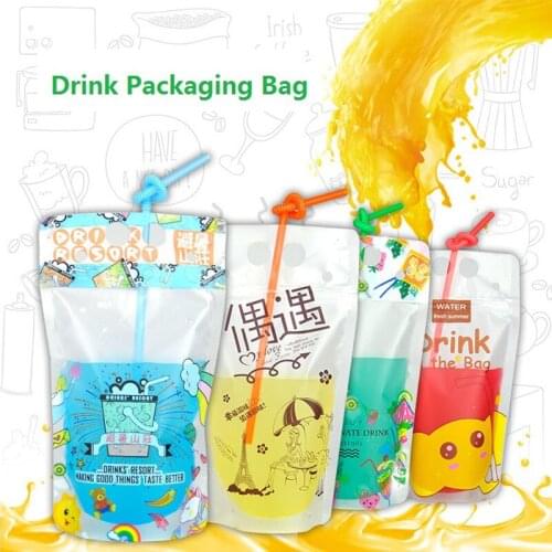 500pcs/lot 500ml Cute Design Stand Up Plastic Drink Packaging Bag Pouch for Beverage Water Juice Milk Coffee, with Hole Handle