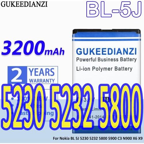 High Capacity GUKEEDIANZI Battery 3200mAh For Nokia BL-5J 5230 5232 5800 5900 C3 N900 X6 X9 BL 5J