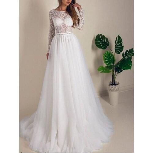 White Lace Tulle Long Sleeves Floor-Length A-Line Wedding Dresses Chapel Train Custom Made Layered Skirt