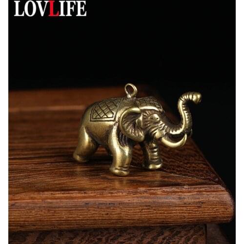 Pure Copper Cute Elephant Ivory Figure Vintage Brass Keychain Pendant Jewelry Handmade Metal Car Keyring Kids Backpack Hangings