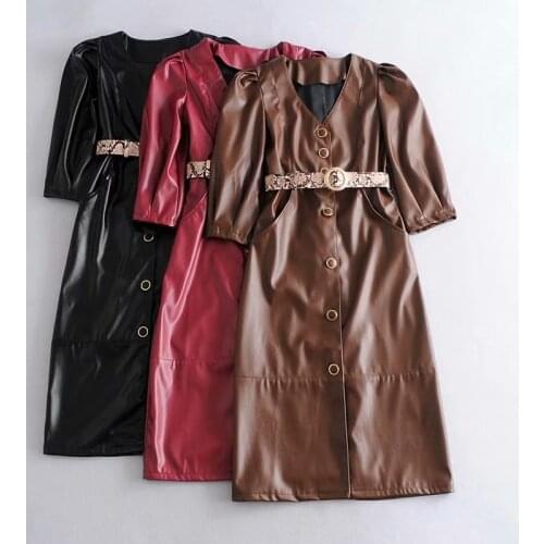 Brand 2020 Autumn Winter Women Brown Faux Leather Dress With Leopard Belt Short Sleeve Ladies Midi Dress Vestidos Wine Red Black