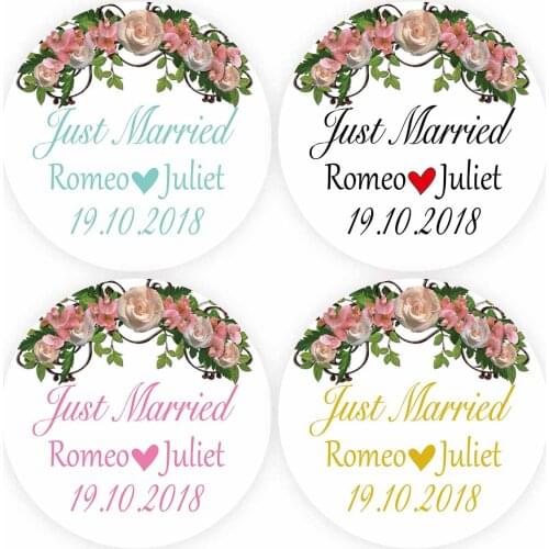 DouxArt 100 Pieces Just Married Personalized Wedding Stickers Seals, 40mm Flowers Marriage Party Favors Decorations Gift Labels