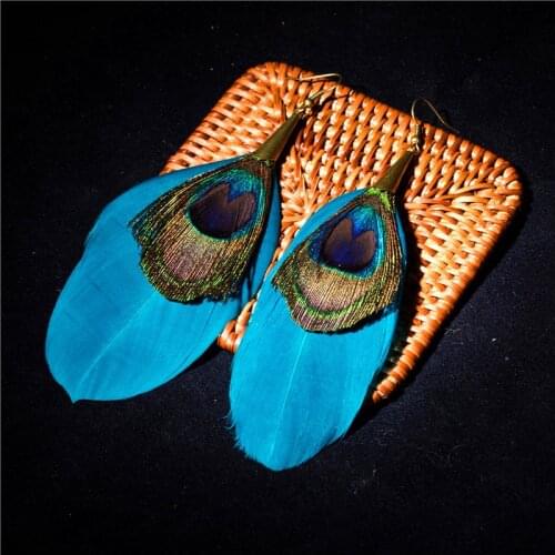 Ethnic Big Natuals Blue Feather Earrings For Women Natual Peacock Feathers Tassel Bohemia Pendant Hit Color Earring Jewelry