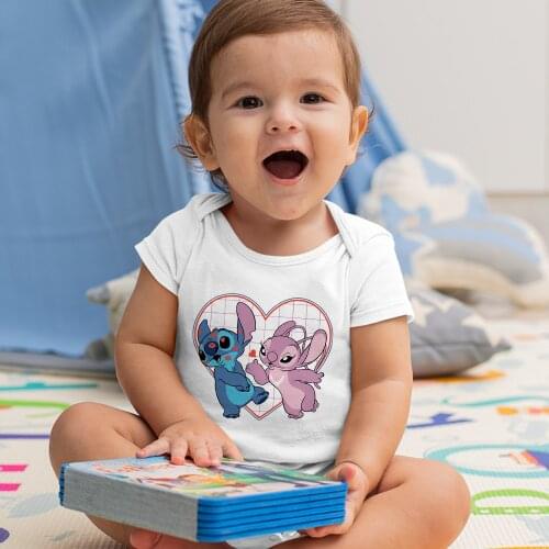 Newborn Romper Baby Girl Boy Round Neck Angel & Stitch Sweet Style Jumpsuit Kawaii 0-24M Disney Series Printing Dropship Fashion