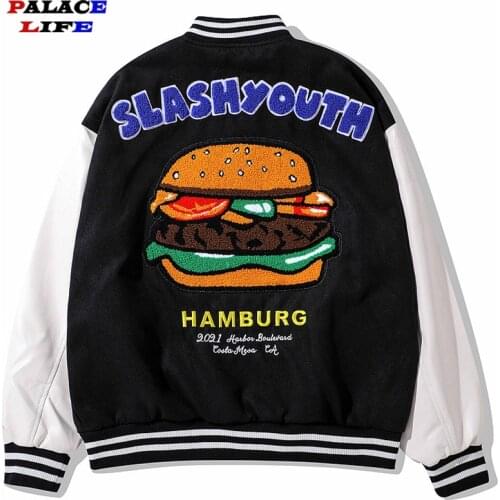Hip Hop Varsity Jacket Men Furry Letter Hamburger Patchwork Bomber Jacket Harajuku Streetwear Baseball Coat Unisex 2021 Autumn