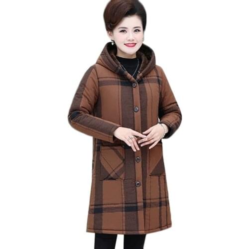 Autumn Winter Womens Jackets New Plaid Plus Velvet Warm Long Overcoat Plus Size 5XL Middle-aged Female Hooded Cotton Clothing