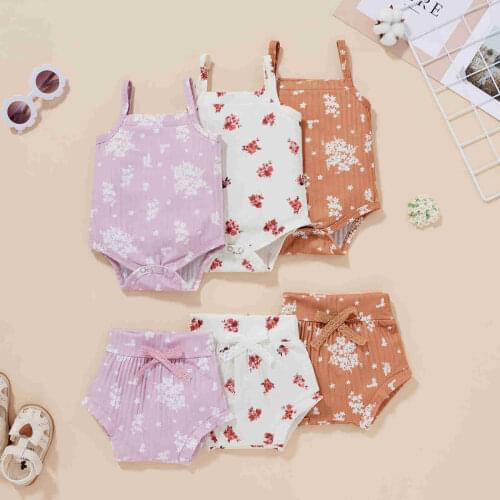 Summer New Cotton Baby Girls Clothes Cute Floral Sleeveless Ribbed Jumpsuit+Shorts 2PCS Toddler Infant Newborn Romper Suit